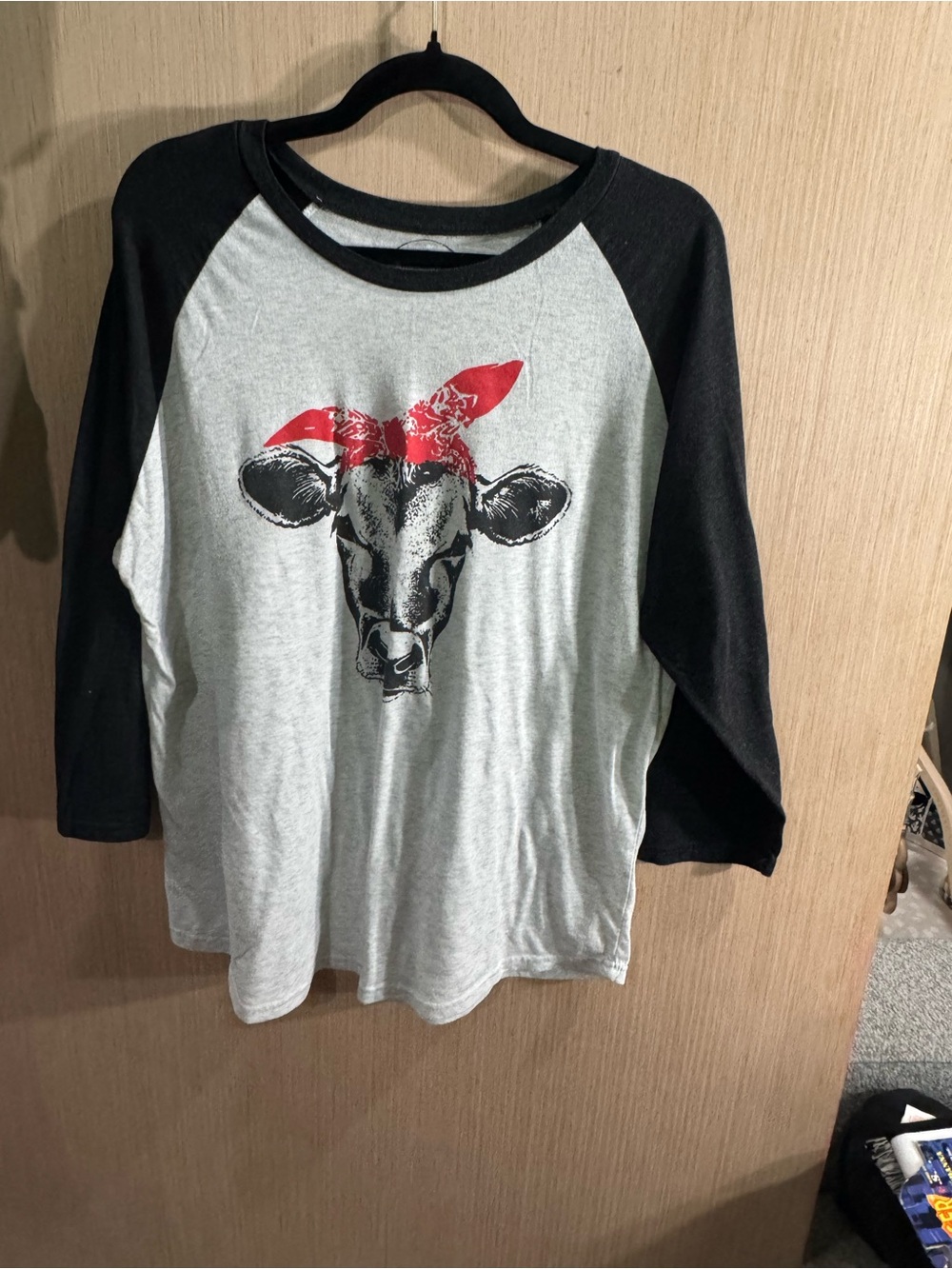 Jane Marie Grey Tee with Black Raglan Sleeves and Red Bandana Cow Size XL